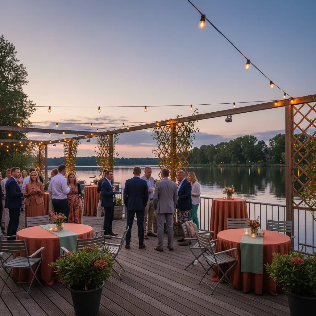 Eventlocatie bij The Lake-Inn met feestverlichting aan het water